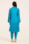 Shop_Ruhr India_Turquoise Satin Embroidery V-neck Phirozi Blue Hand Kurta Set _at_Aza_Fashions