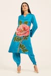 Ruhr India_Turquoise Satin Embroidery V-neck Phirozi Blue Hand Kurta Set _at_Aza_Fashions