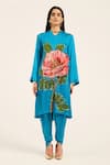 Shop_Ruhr India_Turquoise Satin Embroidery V-neck Phirozi Blue Hand Kurta Set 