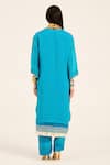 Shop_Ruhr India_Turquoise Organza, Satin Embroidery V-neck Floral Phirozi Blue Kurta Set _at_Aza_Fashions