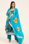 Buy_Ruhr India_Turquoise Organza, Satin Embroidery V-neck Floral Phirozi Blue Kurta Set _at_Aza_Fashions