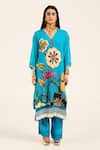 Buy_Ruhr India_Turquoise Organza, Satin Embroidery V-neck Floral Phirozi Blue Kurta Set _Online_at_Aza_Fashions