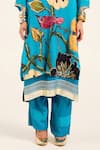 Shop_Ruhr India_Turquoise Organza, Satin Embroidery V-neck Floral Phirozi Blue Kurta Set _Online_at_Aza_Fashions