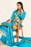 Ruhr India_Turquoise Organza, Satin Embroidery V-neck Floral Phirozi Blue Kurta Set _at_Aza_Fashions