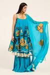 Shop_Ruhr India_Turquoise Organza Embroidery Round Neck Dhara Kurta Set _Online_at_Aza_Fashions