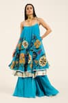 Ruhr India_Turquoise Organza Embroidery Round Neck Dhara Kurta Set _at_Aza_Fashions