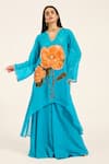 Buy_Ruhr India_Turquoise Organza Embroidery V-neck Phirozi Blue Hand Kurta Set _at_Aza_Fashions
