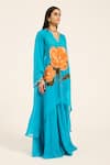 Ruhr India_Turquoise Organza Embroidery V-neck Phirozi Blue Hand Kurta Set _Online_at_Aza_Fashions
