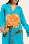 Shop_Ruhr India_Turquoise Organza Embroidery V-neck Phirozi Blue Hand Kurta Set 