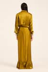 Shop_Ruhr India_Yellow Satin, Chiffon Embroidery Collared Ochre Hand Shirt And Skirt _at_Aza_Fashions
