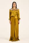 Ruhr India_Yellow Satin, Chiffon Embroidery Collared Ochre Hand Shirt And Skirt _Online_at_Aza_Fashions