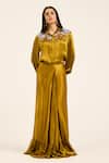 Buy_Ruhr India_Yellow Satin, Chiffon Embroidery Collared Ochre Hand Shirt And Skirt 