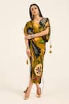 Ruhr India_Yellow Satin, Chiffon Tassels V-neck Floral Print Kaftan And Draped Skirt Set _Online_at_Aza_Fashions