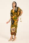 Buy_Ruhr India_Yellow Satin, Chiffon Tassels V-neck Floral Print Kaftan And Draped Skirt Set _Online_at_Aza_Fashions