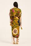 Shop_Ruhr India_Yellow Satin, Chiffon Tassels V-neck Floral Print Kaftan And Draped Skirt Set _at_Aza_Fashions
