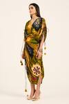 Shop_Ruhr India_Yellow Satin, Chiffon Tassels V-neck Floral Print Kaftan And Draped Skirt Set _Online_at_Aza_Fashions