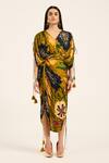 Ruhr India_Yellow Satin, Chiffon Tassels V-neck Floral Print Kaftan And Draped Skirt Set _at_Aza_Fashions