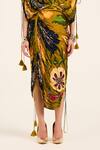 Buy_Ruhr India_Yellow Satin, Chiffon Tassels V-neck Floral Print Kaftan And Draped Skirt Set 