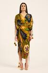 Shop_Ruhr India_Yellow Satin, Chiffon Tassels V-neck Floral Print Kaftan And Draped Skirt Set 