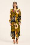 Buy_Ruhr India_Yellow Crepe Collared Floral Print Ochre Kurta Set _at_Aza_Fashions