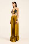Ruhr India_Yellow Satin, Chiffon V-neck Floral Cape And Draped Skirt Set _Online_at_Aza_Fashions