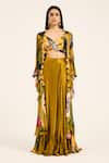 Buy_Ruhr India_Yellow Satin, Chiffon V-neck Floral Cape And Draped Skirt Set _Online_at_Aza_Fashions
