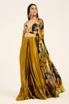 Buy_Ruhr India_Yellow Satin, Chiffon V-neck Floral Cape And Draped Skirt Set _at_Aza_Fashions