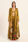 Shop_Ruhr India_Yellow Satin, Chiffon Embroidery Open Neck Ochre Jacket _Online_at_Aza_Fashions