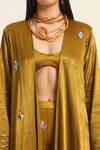 Ruhr India_Yellow Satin, Chiffon Embroidery Open Neck Ochre Jacket _Online