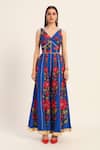 Shop_Ruhr India_Blue Silk Embroidery V-neck Naomi Jumpsuit _Online_at_Aza_Fashions