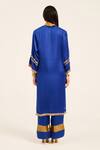 Shop_Ruhr India_Blue Satin Embroidery, Sequins Round Neck Ink Hand Kurta Set _at_Aza_Fashions