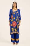 Buy_Ruhr India_Blue Satin Embroidery, Sequins Round Neck Ink Hand Kurta Set _Online_at_Aza_Fashions