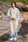 Buy_Dash And Dot_Beige Viscose, Linen Embroidery Designer White And Blue Shirt Pant Set _Online_at_Aza_Fashions