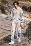 Buy_Dash And Dot_Beige Viscose, Linen Embroidery Designer White And Blue Shirt Pant Set _at_Aza_Fashions