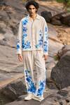 Dash And Dot_Beige Viscose, Linen Embroidery Designer White And Blue Shirt Pant Set _at_Aza_Fashions