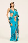 Ruhr India_Aqua Organza Embroidery, Beads Halter Neck Phirozi Blue Hand Aneri Saree Set _Online_at_Aza_Fashions