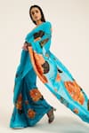 Shop_Ruhr India_Aqua Organza Embroidery, Beads Halter Neck Phirozi Blue Hand Aneri Saree Set _Online_at_Aza_Fashions