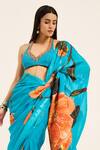 Ruhr India_Aqua Organza Embroidery, Beads Halter Neck Phirozi Blue Hand Aneri Saree Set _at_Aza_Fashions