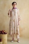 Buy_172 Threads_Blush Muslin, Cotton, Organza Embroidery Split V-neck Kurta Set With Dupatta _at_Aza_Fashions