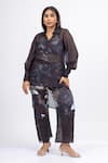 Buy_Mamicha_Black Satin, Crepe Sequins Scoop Neck, Collared Mystic Dusk Co-ord Set _at_Aza_Fashions