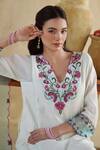 172 Threads_Off White Muslin, Cotton Embroidery Split V-neck Kurta Palazzo Set _at_Aza_Fashions