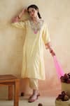 Shop_172 Threads_Yellow Muslin, Cotton Embroidery Round Neck Butter Kurta Palazzo Set _Online_at_Aza_Fashions