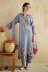 Shop_172 Threads_Slate Muslin, Cotton, Organza Embroidery Round Neck Gray Kurta Set With Dupatta _at_Aza_Fashions