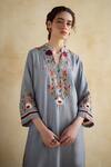 Shop_172 Threads_Slate Muslin, Cotton Embroidery V-neck Gray Kurta Palazzo Set _Online_at_Aza_Fashions