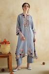 Buy_172 Threads_Slate Muslin, Cotton Embroidery V-neck Gray Kurta Palazzo Set _at_Aza_Fashions