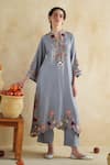 Shop_172 Threads_Slate Muslin, Cotton Embroidery V-neck Gray Kurta Palazzo Set _at_Aza_Fashions