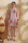 Buy_172 Threads_Pink Muslin, Cotton Embroidery V-neck Rosewood Co-ord Set _at_Aza_Fashions