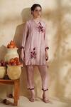 172 Threads_Pink Muslin, Cotton Embroidery V-neck Rosewood Co-ord Set _at_Aza_Fashions