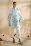 Buy_172 Threads_Aqua Muslin, Cotton Embroidery Mandarin Collar Icy Floral Kurta Set _Online_at_Aza_Fashions