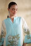 Shop_172 Threads_Aqua Muslin, Cotton Embroidery Mandarin Collar Icy Floral Kurta Set _Online_at_Aza_Fashions
